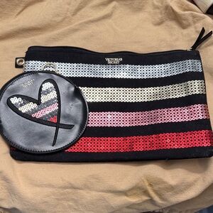 Victoria's Secret Black and Sequin Striped Cosmetic Bag Set